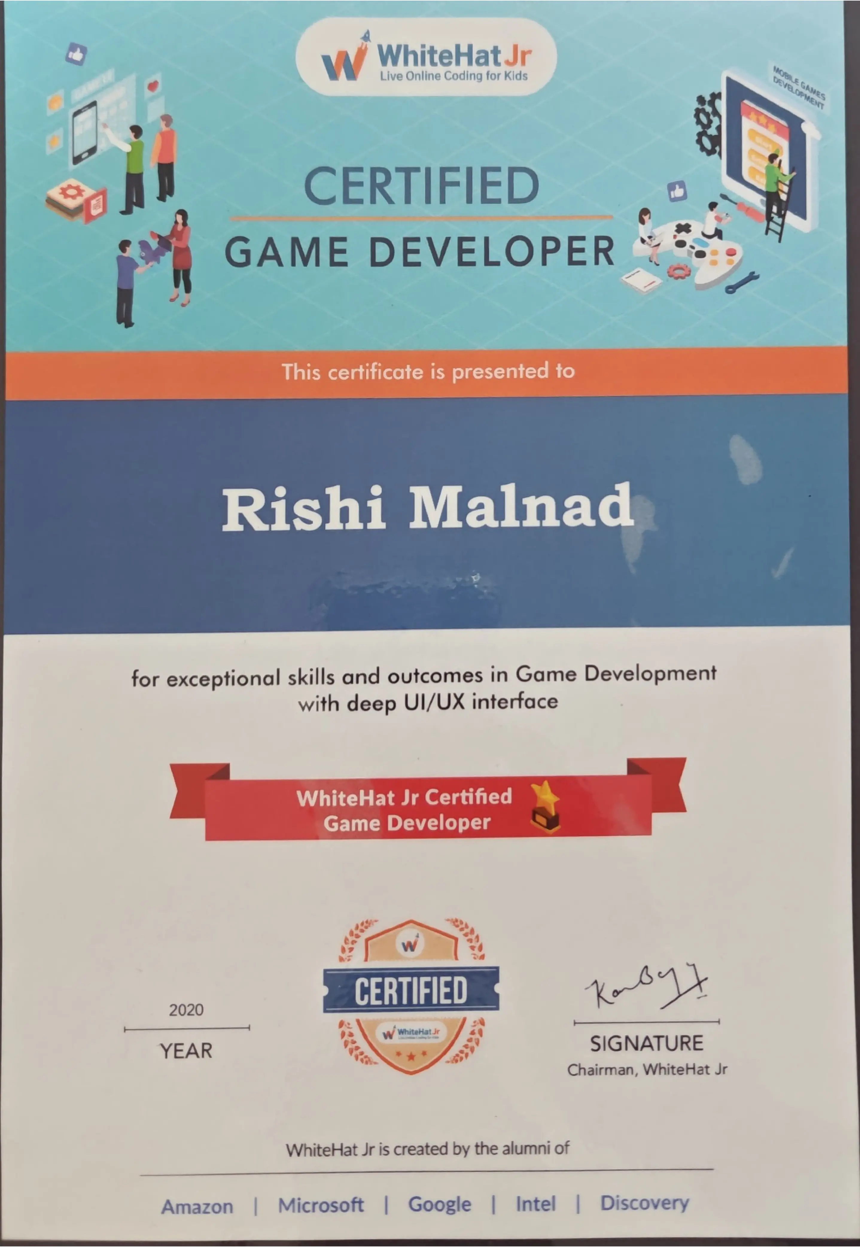 WhiteHat Jr. - Certified Game Developer Certificate (2020)